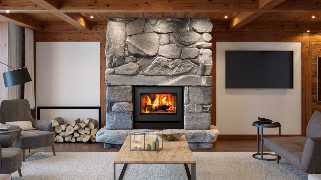Propane fireplace in stone mantel